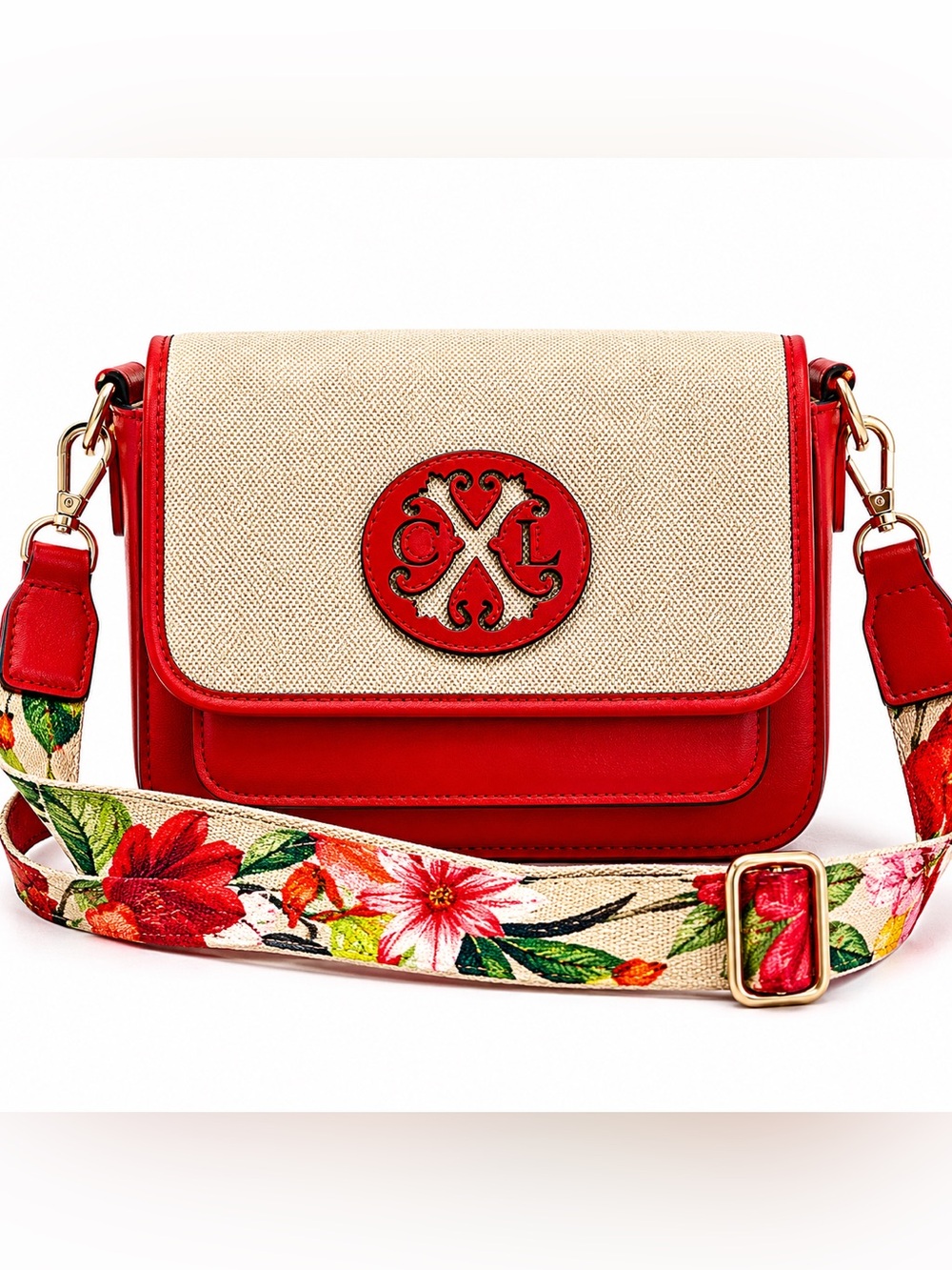 Christian Lacroix Paris Canvas Red Leather Floral Strap Crossbody